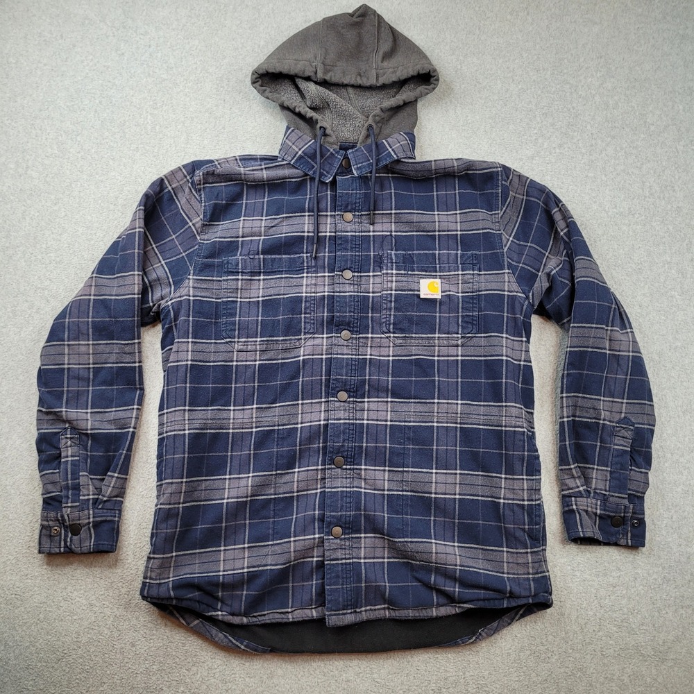 Carhartt Hooded Plaid Flannel Shirt Mens Medium Blue TJ5621-M Fleece Lined